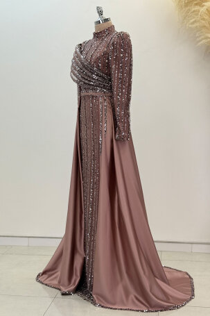 Satin Elegance Evening Dress with Shoulder Detail - Brown - 5
