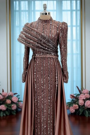 Satin Elegance Evening Dress with Shoulder Detail - Brown - Rana Zenn