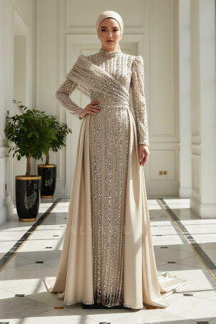 Satin Elegance Evening Dress with Shoulder Detail - Gold 