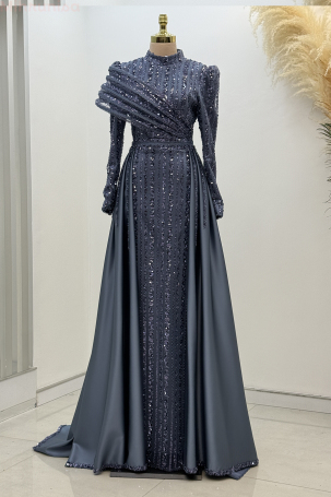 Satin Elegance Evening Dress with Shoulder Detail - Indigo - Rana Zenn