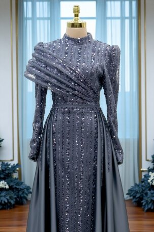 Satin Elegance Evening Dress with Shoulder Detail - Indigo 