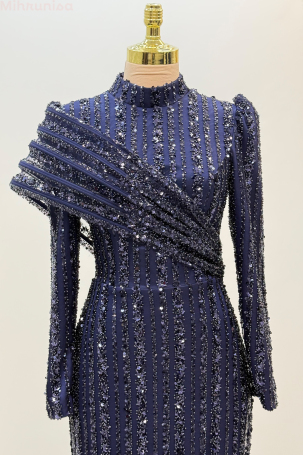 Satin Elegance Evening Dress with Shoulder Detail - Navy Blue - 3