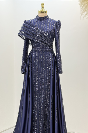 Satin Elegance Evening Dress with Shoulder Detail - Navy Blue - 4