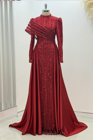 Satin Elegance Evening Dress with Shoulder Detail - Red - Rana Zenn
