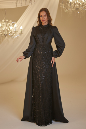 Satin Evening Dress with Train - Black - Burak Baran