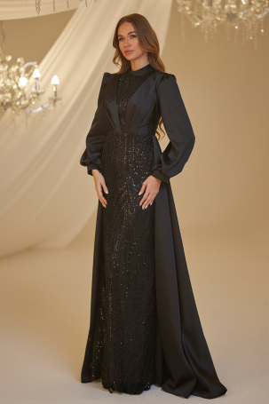 Satin Evening Dress with Train - Black - 2