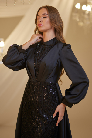 Satin Evening Dress with Train - Black - 3