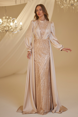 Satin Evening Dress with Train - Gold - Burak Baran