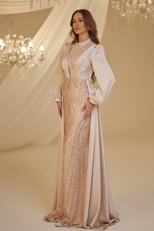 Satin Evening Dress with Train - Gold - 2