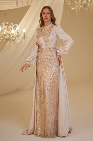 Satin Evening Dress with Train - Gold - 4