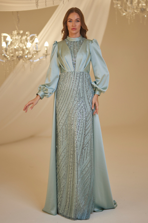Satin Evening Dress with Train - Water Green - Burak Baran