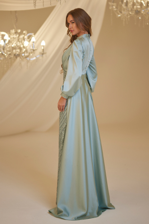 Satin Evening Dress with Train - Water Green - 2