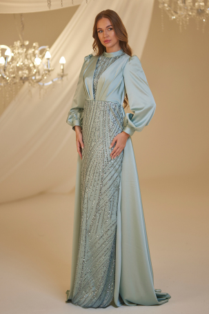 Satin Evening Dress with Train - Water Green - 4