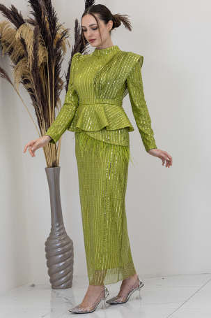 Sequin Peplum Detail Pamira Evening Dress - Pistachio Green 