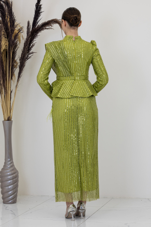 Sequin Peplum Detail Pamira Evening Dress - Pistachio Green - 2