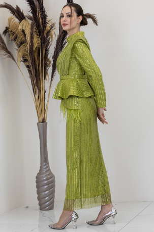 Sequin Peplum Detail Pamira Evening Dress - Pistachio Green - 4