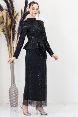 Sequined Peplum Detail Pamira Evening Dress - Black - 1