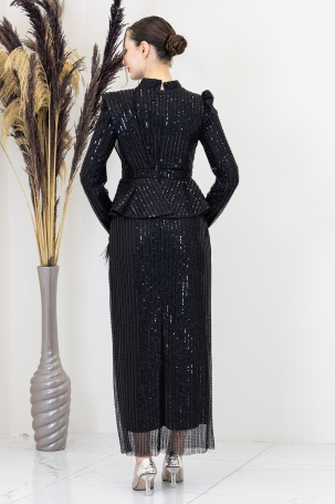 Sequined Peplum Detail Pamira Evening Dress - Black - 8