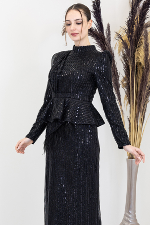 Sequined Peplum Detail Pamira Evening Dress - Black - 10