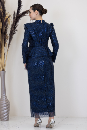 Sequined Peplum Detail Pamira Evening Dress - Navy Blue - 2