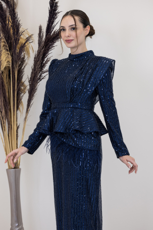 Sequined Peplum Detail Pamira Evening Dress - Navy Blue - 4
