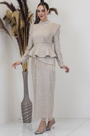 Sequined Peplum Detail Pamira Evening Dress - Stone 