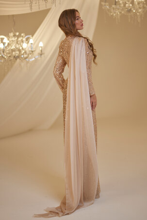 Shoulder Tulle Detail Beaded Adel Evening Dress - Gold - 2