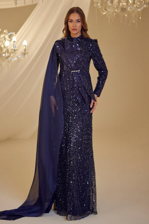 Shoulder Tulle Detail Beaded Adel Evening Dress - Navy Blue - 1