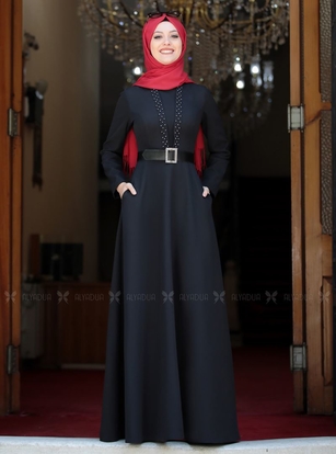 Siyah Ada İncili Elbise - SA142560 - Thumbnail