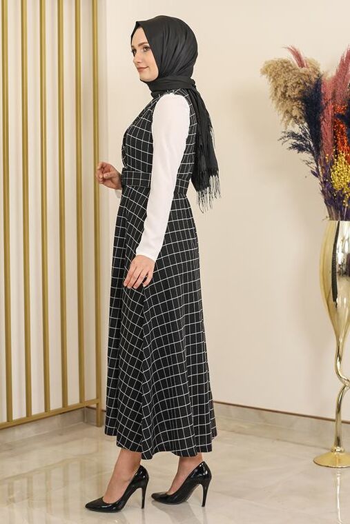 Siyah Kare Desen Jile Elbise -FS16293