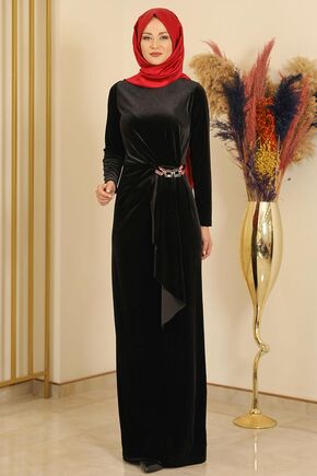 109 - Siyah Taşlı Kadife Elbise - FS16691