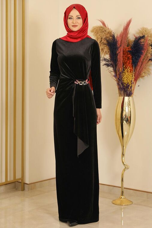 Siyah Taşlı Kadife Elbise - FS16691
