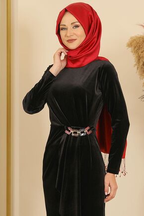 Siyah Taşlı Kadife Elbise - FS16691 - Thumbnail
