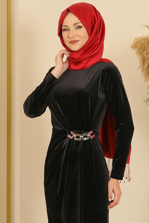 Siyah Taşlı Kadife Elbise - FS16691