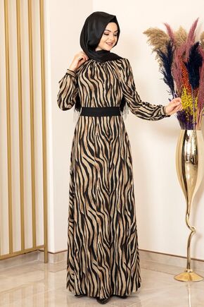Siyah Zebra Desen Tül Elbise - FS16200 - Thumbnail