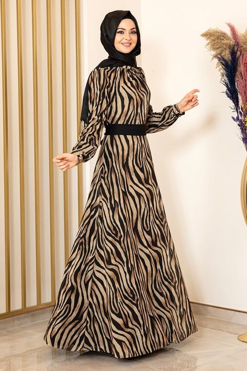 Siyah Zebra Desen Tül Elbise - FS16200