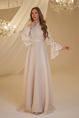 Sleeve Pearl Beaded Evening Dress - Taupe 