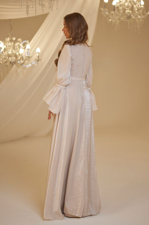 Sleeve Pearl Beaded Evening Dress - Taupe - 2