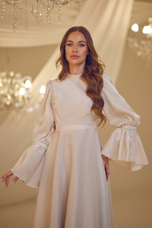 Sleeve Pearl Beaded Evening Dress - Taupe - 3