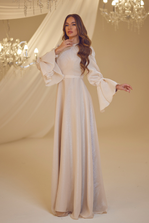 Sleeve Pearl Beaded Evening Dress - Taupe - 4