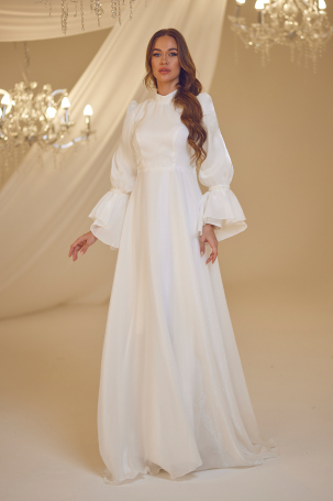 Sleeve Pearl Beaded Evening Dress - White - 2