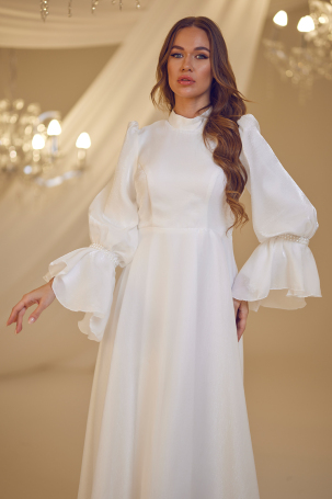 Sleeve Pearl Beaded Evening Dress - White - 3
