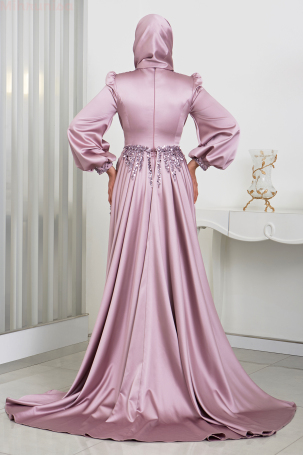 Stone and Drape Detailed Cape with Trail Incila Evening Dress - Lilac - 2
