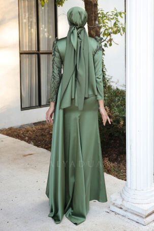 Stone-embellished, sequined tail satin Rosa evening gown - Khaki. - 2