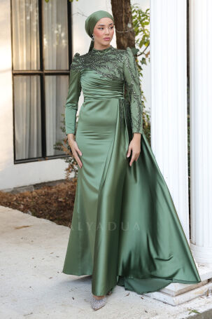 Stone-embellished, sequined tail satin Rosa evening gown - Khaki. - Rana Zenn