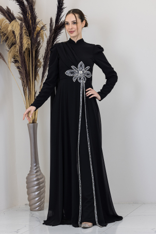 Stone Flower Embroidered Flower Jumpsuit - Black 