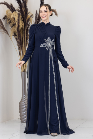 Stone Flower Embroidered Jumpsuit - Navy Blue 