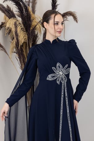 Stone Flower Embroidered Jumpsuit - Navy Blue - 3
