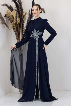 Stone Flower Embroidered Jumpsuit - Navy Blue - 4