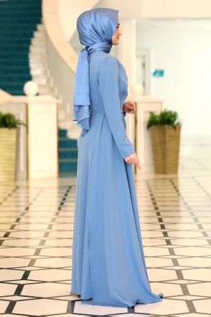 Taş Baskı Detaylı Pelerin Kuyruklu Krep Adel Abiye Elbise - Bebe Mavi - Thumbnail